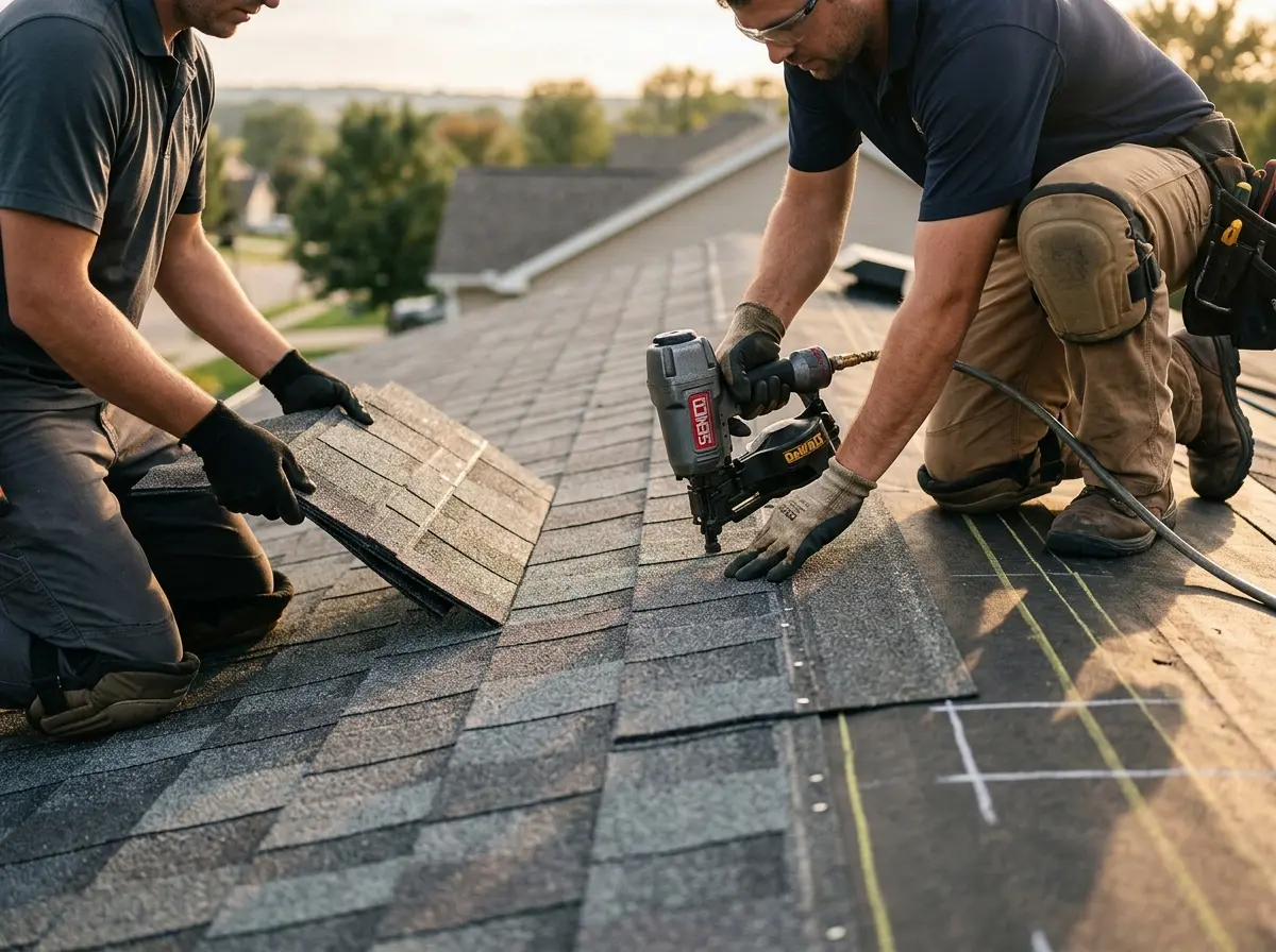 Professional roofer working on a residential roof in Elk River
